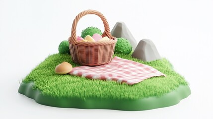3D render of a picnic basket with colorful eggs on a checkered blanket, nestled on a grassy patch with rocks.