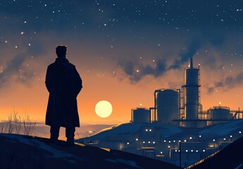 Naklejka premium Man silhouetted against sunset, overlooking industrial landscape.