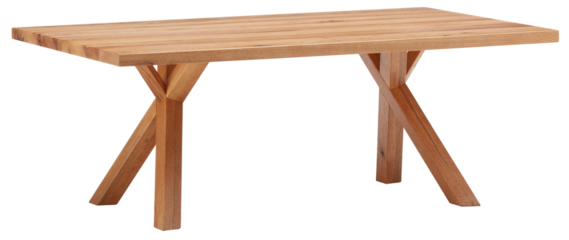 Wooden table tilted to the side with crossed wooden legs