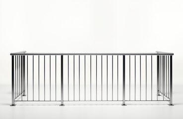 Modern stainless steel railing with vertical metal bars. Stylish, minimalist design. Suitable for balconies exterior spaces. Great for home, business applications. Sturdy construction solution.