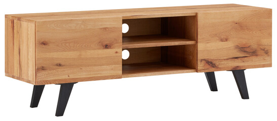 Wooden TV cabinet with black legs in front cut out isolated transparent background