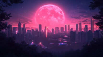 Fototapeta premium scenic view of summer carnival with colorful lights, vibrant energy, double exposure silhouette with amusement park