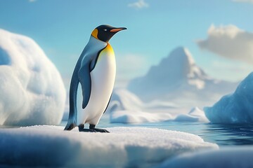 Fototapeta premium King penguin standing on ice floe in Antarctic landscape.