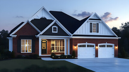Elegant Brick House Exterior at Dusk, Modern Home Design with Landscaping