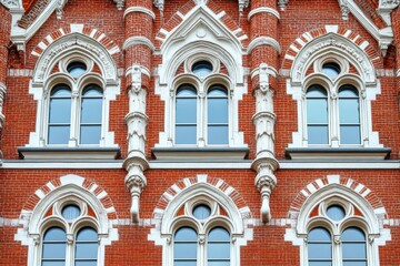 Obraz premium Intricate architectural details of a historic brick building featuring ornate windows and decorative elements in a vibrant red tone at dawn