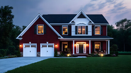 Obraz premium Elegant Two-Story Red Brick House at Twilight with Well-Landscaped Yard