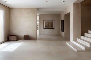 Minimalist interior design of a spacious hallway with beige walls, a wooden box, a wicker basket, large windows, and a staircase.