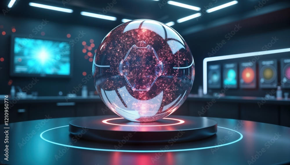 Poster futuristic lab displays interactive digital models of quantum entanglement, particle interactions. m