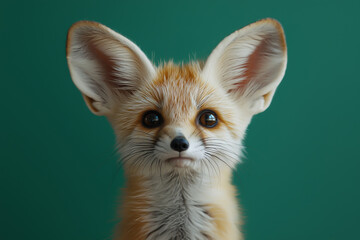 Obraz premium Adorable Fennec Fox Portrait Against Green Background