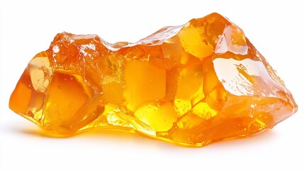 Amber-colored translucent crystalline sugar lump isolated on white.