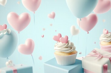 Cute cupcake with heart balloons and gifts.