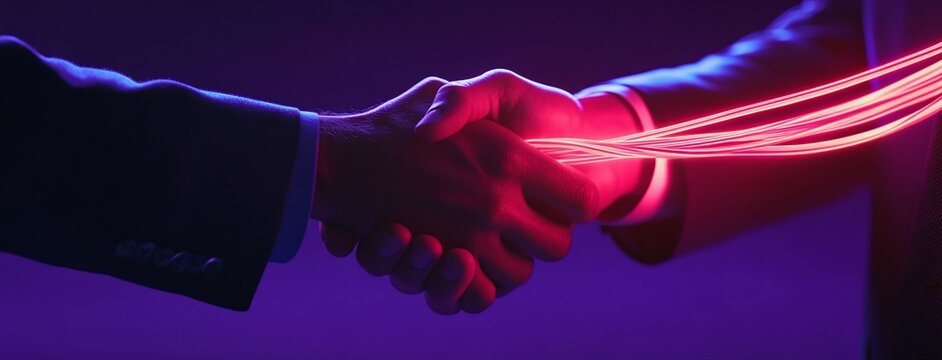 Business handshake with glowing red lines connecting hands.