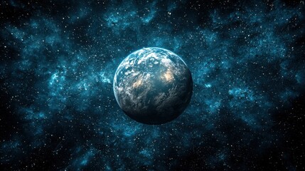 Spectacular view of Earth illuminated against a backdrop of deep space and swirling cosmic clouds