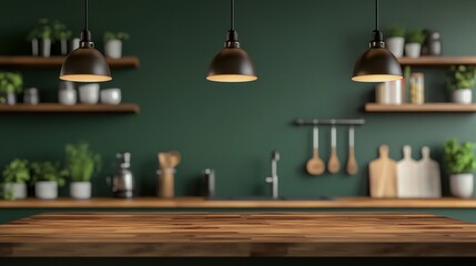 Obraz premium Rustic kitchen interior with wooden countertop, green wall, shelves, and pendant lights.