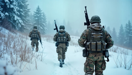 Indian soldiers march through snowy terrain during military operation. Soldiers wear camouflage, tactical gear. Military personnel walk in snowy forest. Carry weapons. Scene suggests winter mission