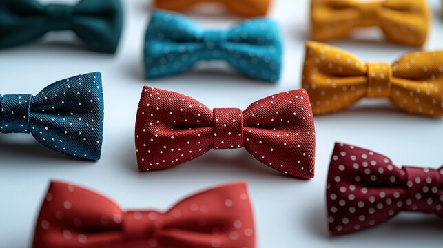 Colorful polka dot bow ties on white, styled flatlay - Powered by Adobe