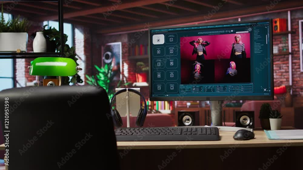 Fototapete Computer in home office uses artificial intelligence generating images from basic text prompts. AI GPT generating photographs using computer vision and natural language processing, jib up shot