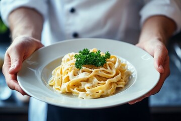 Chef presenting a plate of creamy pasta with parsley.