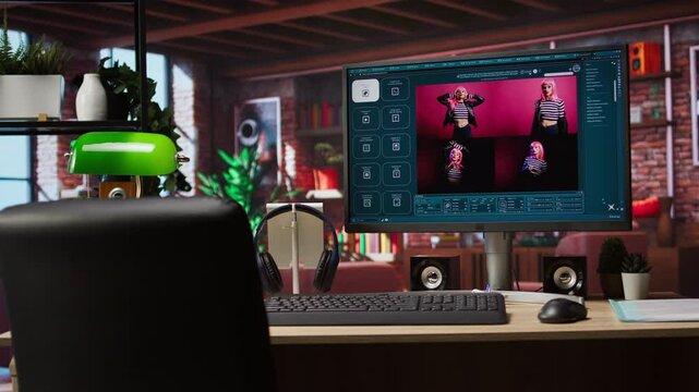 Computer in home office uses artificial intelligence generating images from basic text prompts. AI GPT generating photographs using computer vision and natural language processing, jib up shot