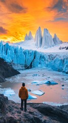 Fototapeta premium person with his back in front of a glacier in Antarctica with copy space vertically 9:16