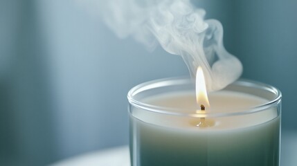 Close-up of a lit candle in a glass jar, emitting smoke.