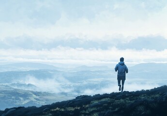 Man trail running on mountaintop overlooking misty valley.