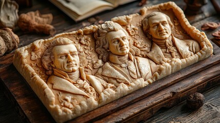 Intricate carving of historical figures displayed on a wooden surface in a rustic workshop