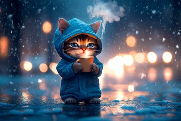 Problem of cold animals. Sad cute baby cat ocicat in winter warm