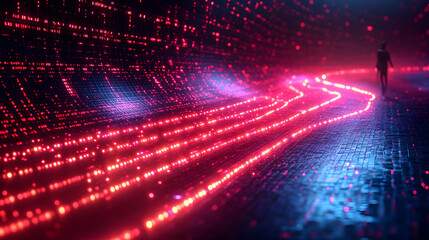 Solitary Figure Walking Glowing Path in Digital Space