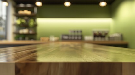 Fototapeta premium Empty wooden counter in a blurred cafe background.