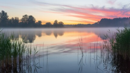 Obraz premium A serene landscape featuring a tranquil lake at sunrise, with vibrant pink and orange hues reflected on the water's surface, framed by lush green reeds.