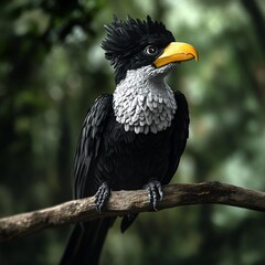 A striking black and white bird with a vibrant yellow beak perched on a branch in a lush green forest.