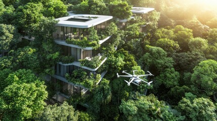 Modern Eco-Friendly Architecture with Drone Flying Over Sustainable Building Surrounded by Lush Greenery and Natural Landscape in a Tropical Setting