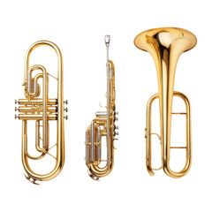 Fototapeta premium Three brass musical instruments isolated on a transparent background