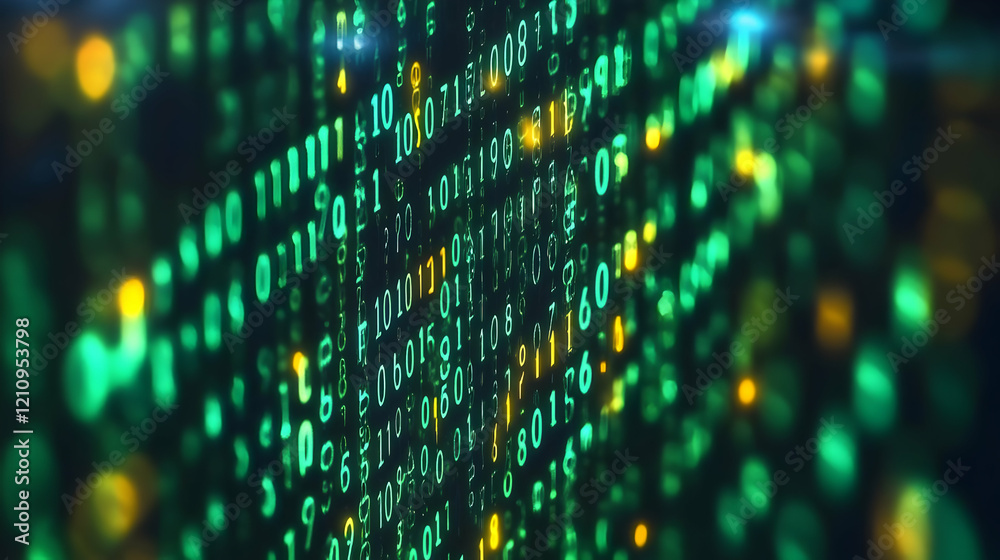 Poster glowing digital data stream, abstract technology background with green and yellow binary code
