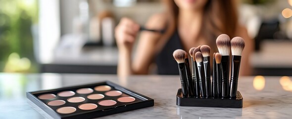 Makeup brushes and eyeshadow palette on a table with a woman in the background.