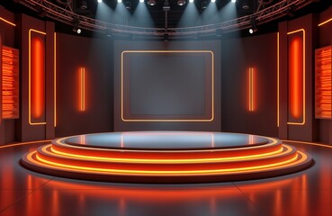 Empty circular platform with LED lights serves as futuristic TV game show stage. Modern studio set. Virtual show template suitable for various tv programs. News, interviews, product launches possible