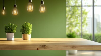 Wooden table with basil plants and hanging lights against a green wall, near a window.