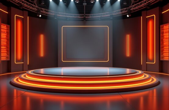 Empty circular platform with LED lights serves as futuristic TV game show stage. Modern studio set. Virtual show template suitable for various tv programs. News, interviews, product launches possible
