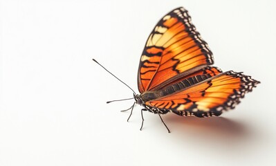 Obraz premium Close-up of an orange butterfly with black stripes on a white background.
