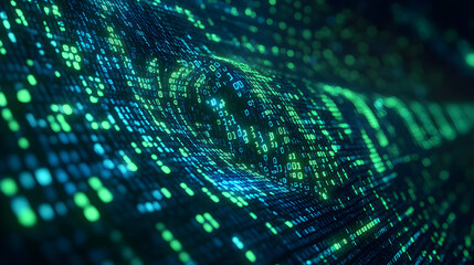 Abstract Digital Data Flow Network Background: Glowing Green and Blue Binary Code Matrix