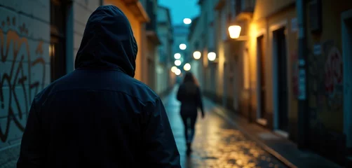 Fototapeten Man in dark hoodie follows woman in narrow street at night. Dangerous situation. Possible crime stalking. Urban setting. Evening time. Fear, concern evident. Safety issues. Crime scene concept. © Viktor