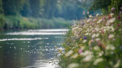 A serene scene featuring a tranquil river bordered by vibrant wildflowers in soft focus, reflecting the calmness of nature.