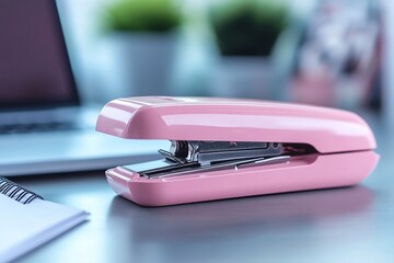 Pink stapler on desk near laptop and notebook.