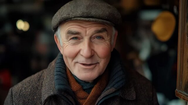 Elderly man smiling and winking warmly in cozy winter attire