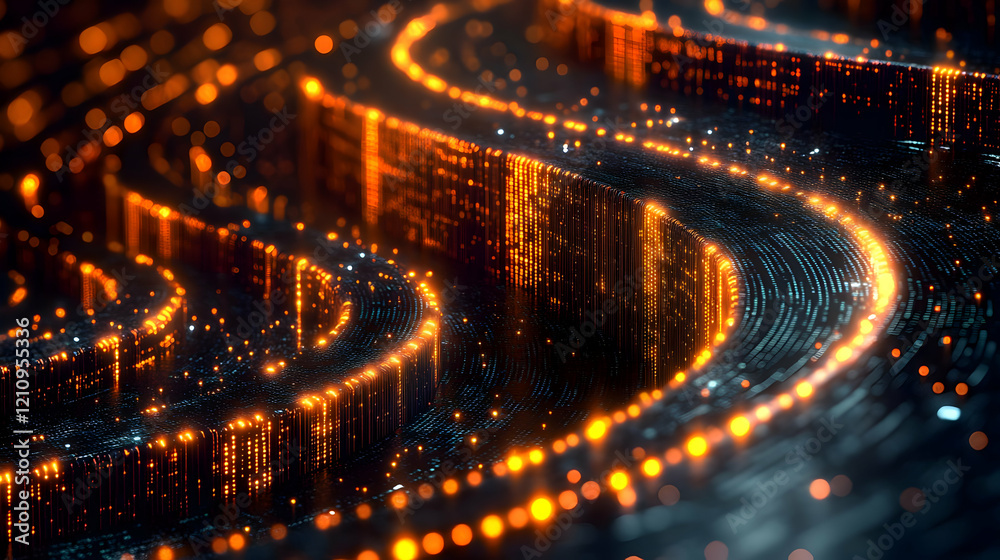Poster abstract digital data flow with orange and black glowing particles and lines. dynamic futuristic tec