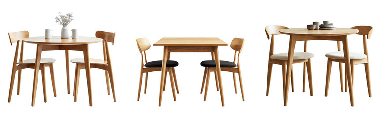 Modern wooden dining tables and chairs set, isolated on transparent background