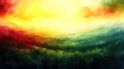 Naklejka premium Vibrant Sunset Over Misty Mountain Ranges