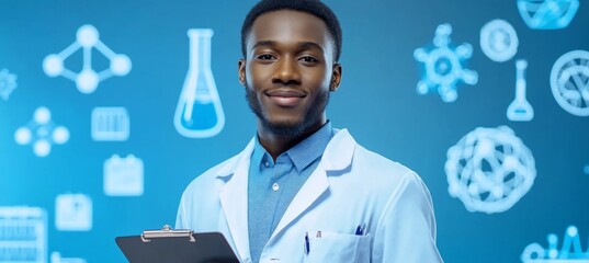 Smiling scientist holding clipboard against a blue background with science icons.
