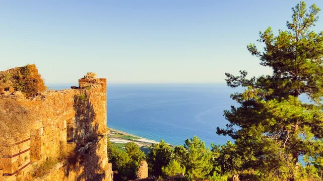 Ruins of the ancient Roman port city of Siedra in Alanya, Antalya, Turkey. The street and ruins of the ancient abandoned ancient city of Siedra on the Mediterranean coast. 4К
